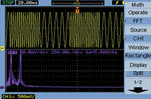 Figure 3. Input sine wave shown on the top half of the screen and the FFT analysis shown in the lower half